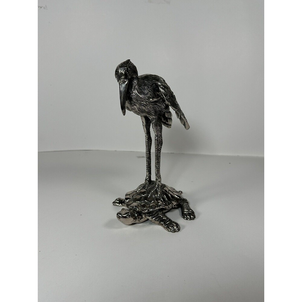 Vintage Silver Plate Crane  Standing Turtle Art Deco Figurine Paperweight Brass